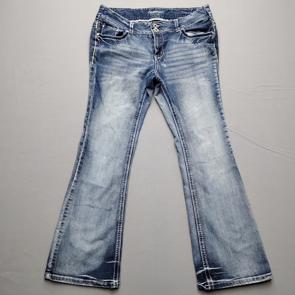 Amethyst Womens Bootcut Jeans Blue Mid Rise Distressed Denim Size 14